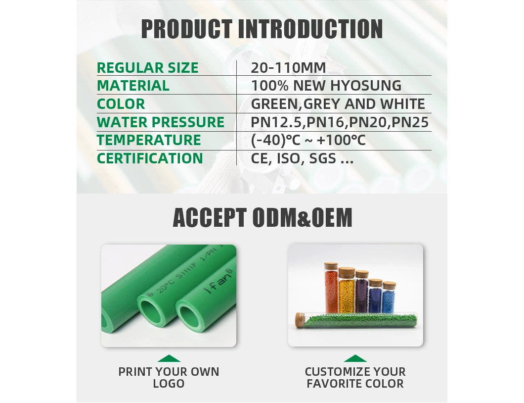 Ifan Customized Green Pn25 PPR Pipe Plastic Green PPR Pipe and Fitting